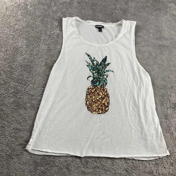 Express Tank Top Womens Medium White Sequined Pineapple - Picture 1 of 12
